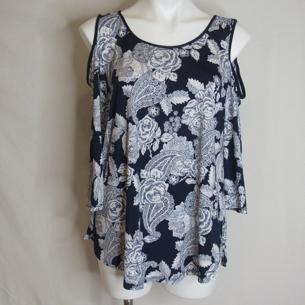 Lavender Sky Black Floral Cold Shoulder Knit Top Women's L Large